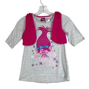 Trolls Shirt Youth Medium 7/8 Princess Poppy Sparkle Fluffy Vest Dreamworks